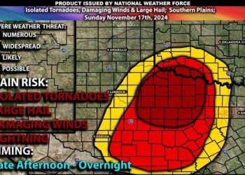 Once more, the Southern Plains may experience isolated tornadoes, damaging winds, and large hail on November 18, 2024.
